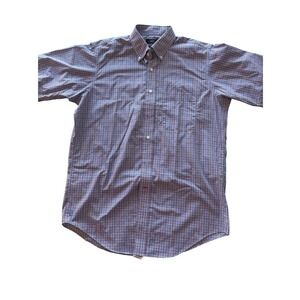 Berkley Jensen Mens Medium Blue Orange Plaid Wrinkle Free Short Sleeve Shirt